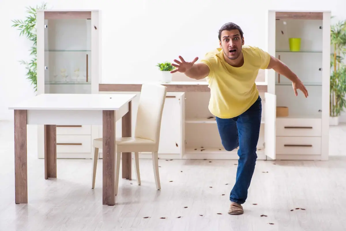 Shocked man running away from cockroach infestation inside home