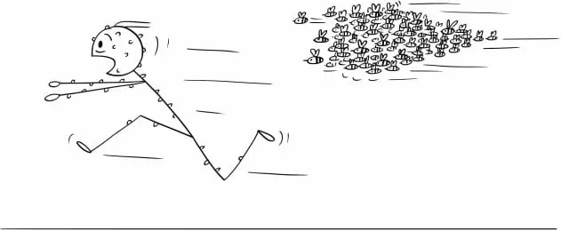 Cartoon person running from insects