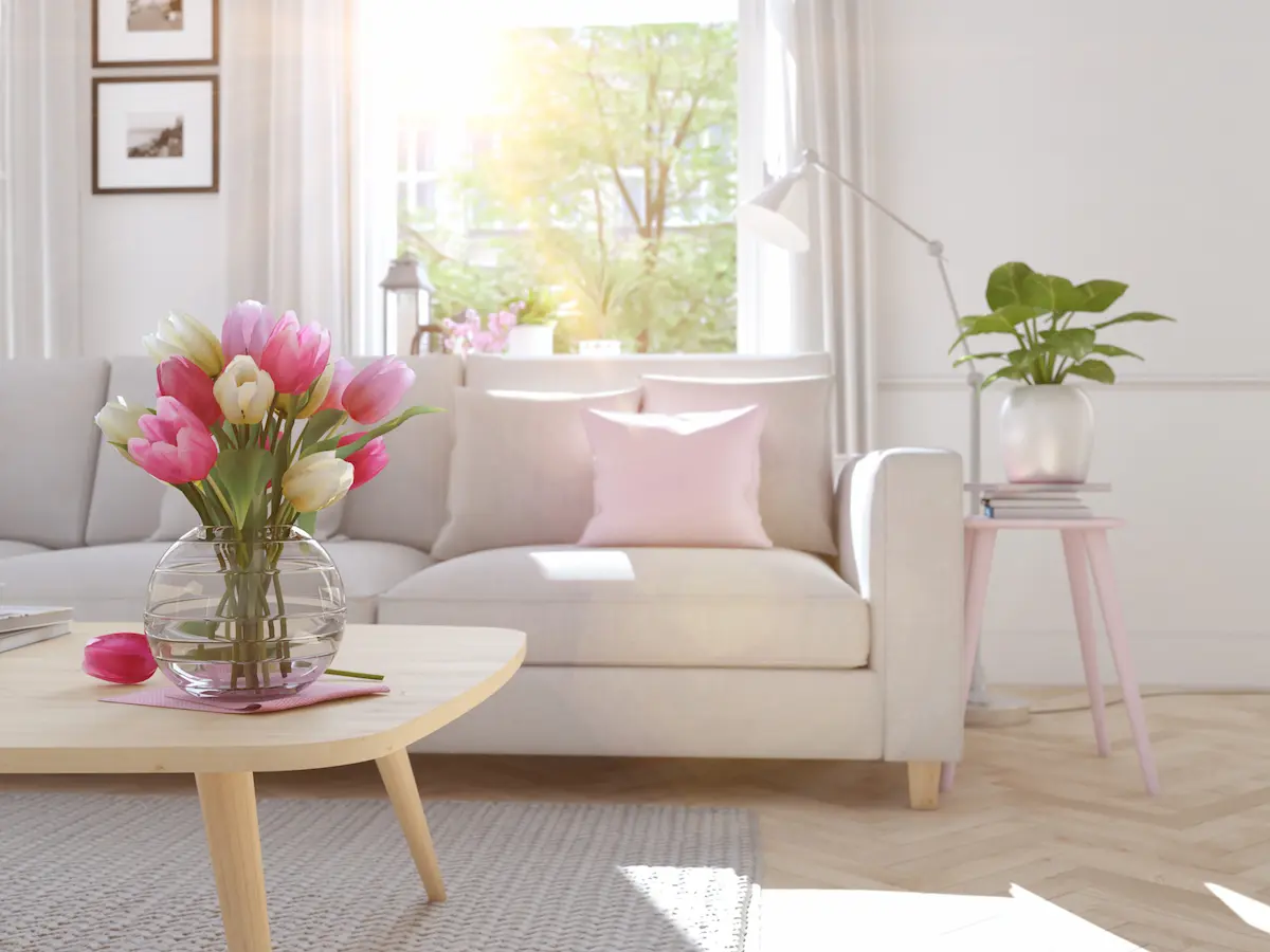 Bright clean living room with sunlight and tidy interior