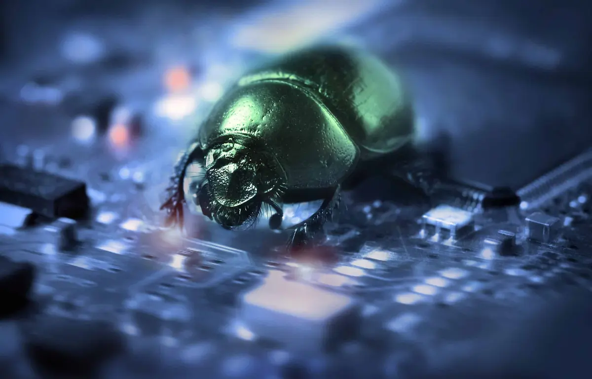 Metallic beetle crawling across glowing futuristic electronic circuit board