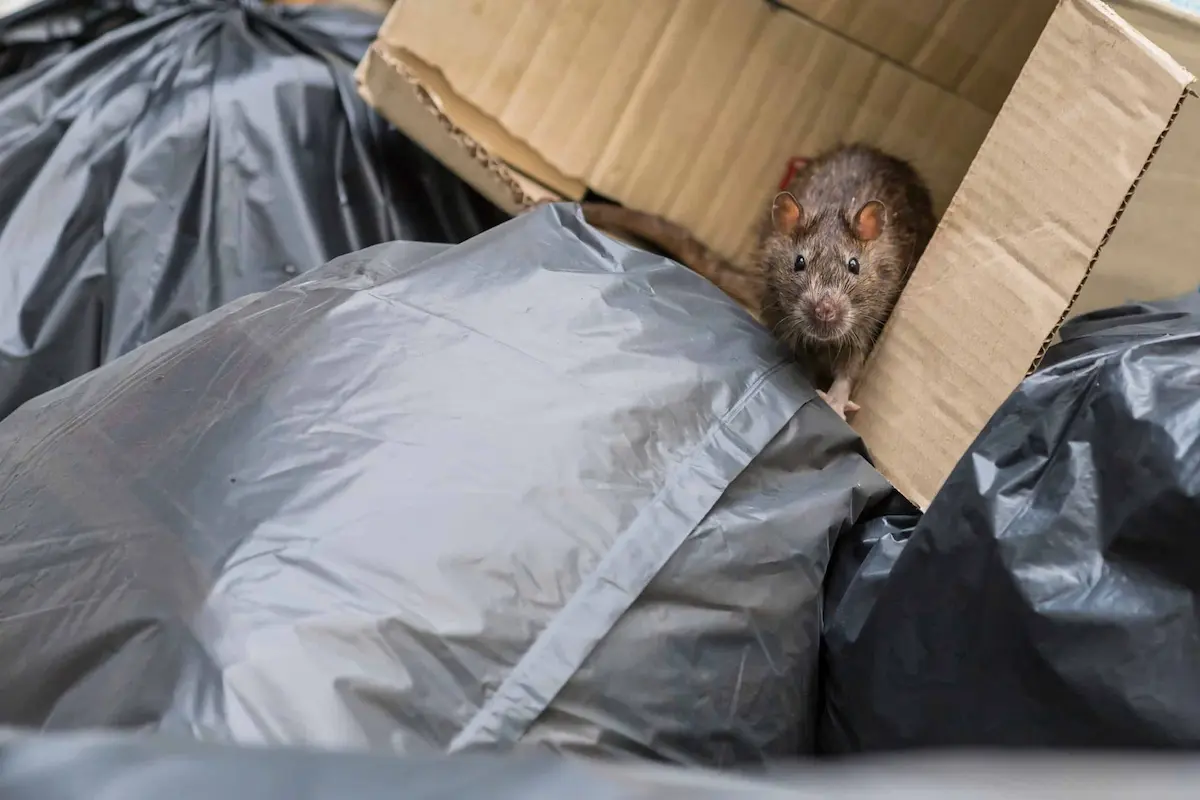 Brown rat hiding between garbage bags and cardboard boxes