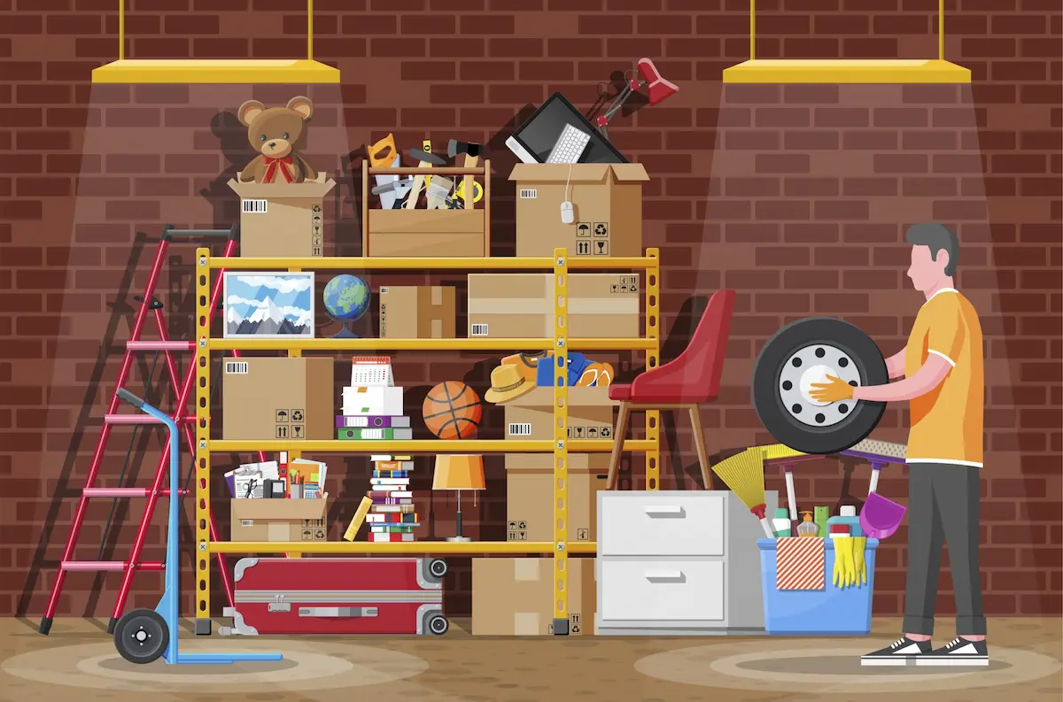 Organized storage or garage area with boxes and shelves