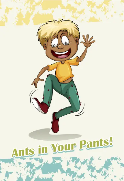 Cartoon illustration of child with ants in pants concept