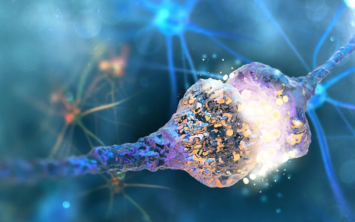 Digital illustration of a glowing neuron cell and neural network connections