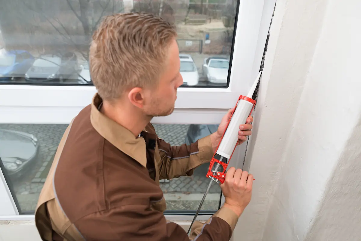 Person sealing cracks around a window frame with caulk