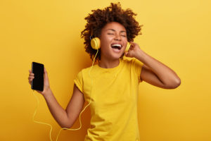 songs cover People,,Music,,Emotions,Concept.,Delighted,Carefree,Female,With,Afro,Hairstyle