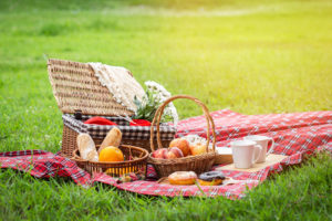 picnic cover Picnic,Basket,With,Fruit,And,Bakery,On,Red,Cloth,In