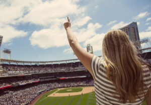 baseball cheer Woman,Standing,And,Cheering,At,A,Baseball,Game