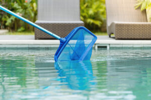pool party clean pool Cleaning,Swimming,Pool,Of,Fallen,Leaves,With,Skimmer,Net,Equipment