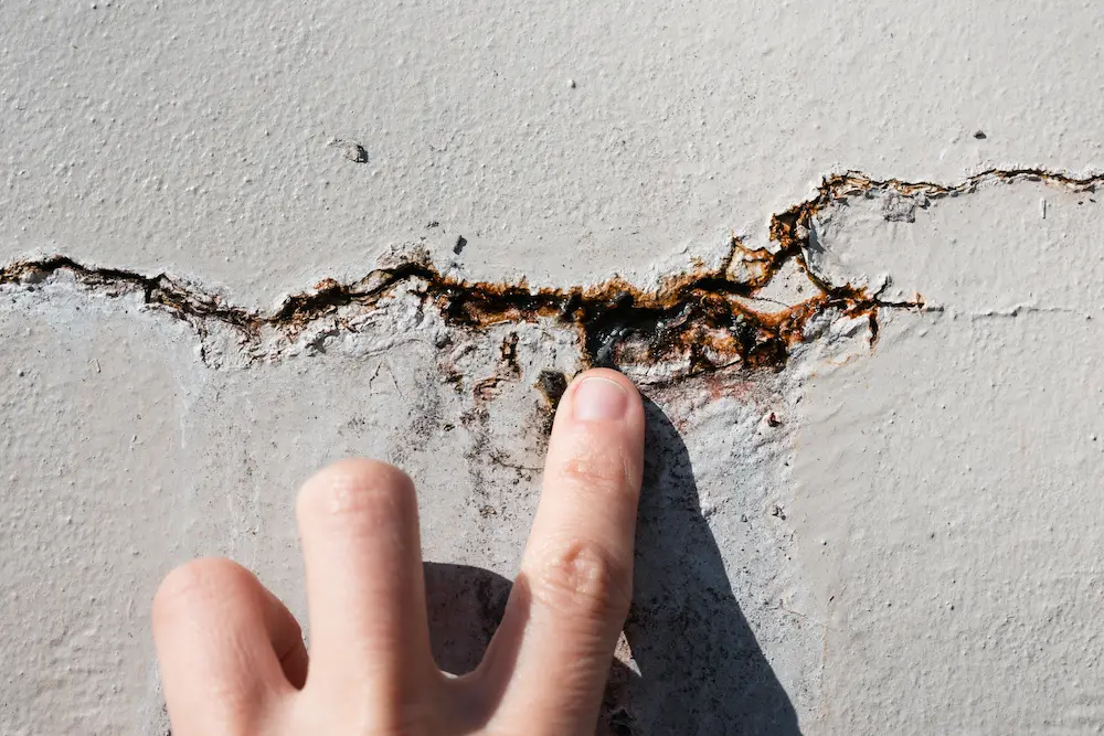finger pointing to crack in wall